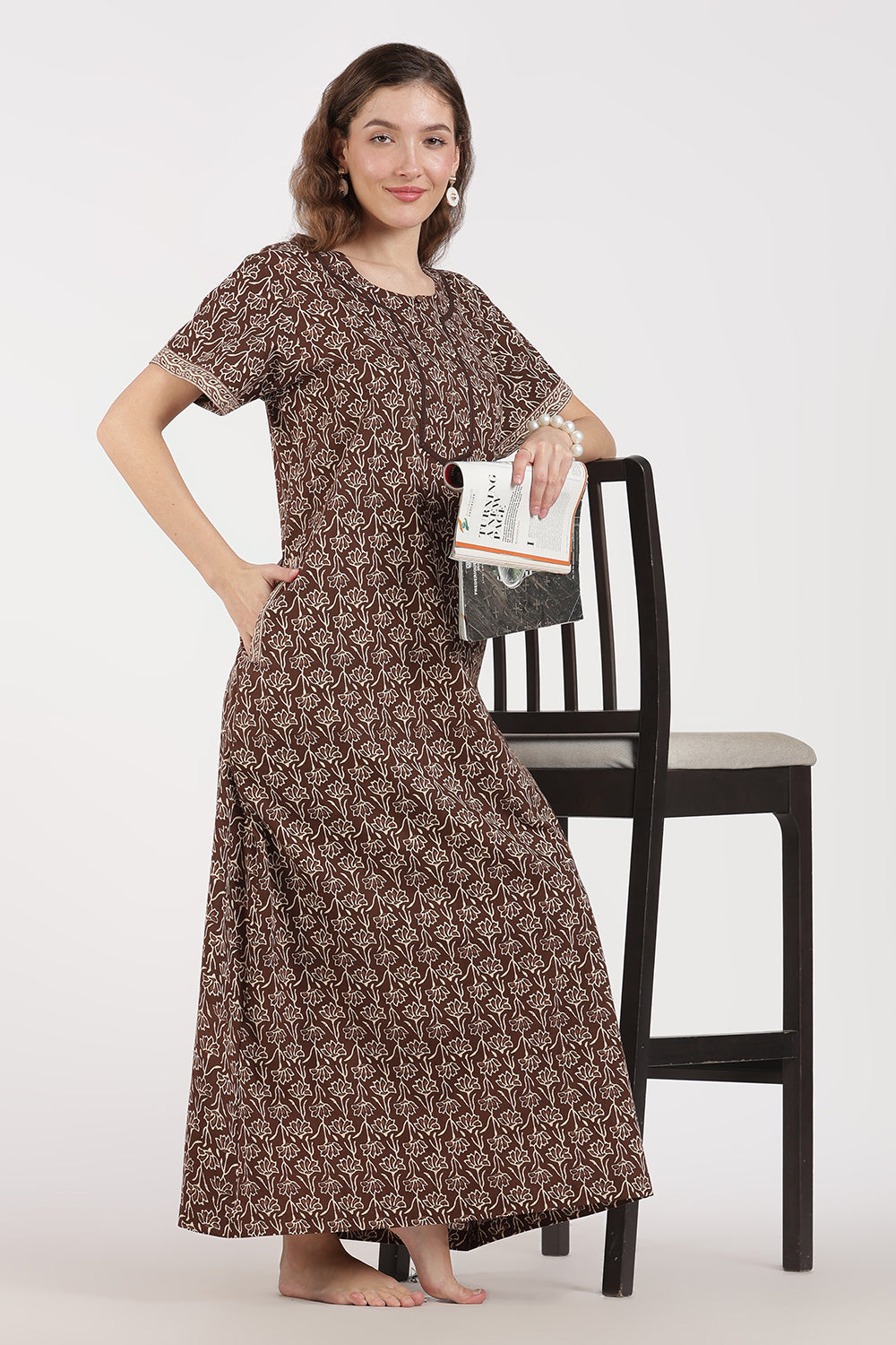 Naidu Hall Women’s Full-Length A-Line Floral Print Cotton Nighty – Round Neck, Keyhole with Button, Contrast Piping & Side Pocket
 - NB07