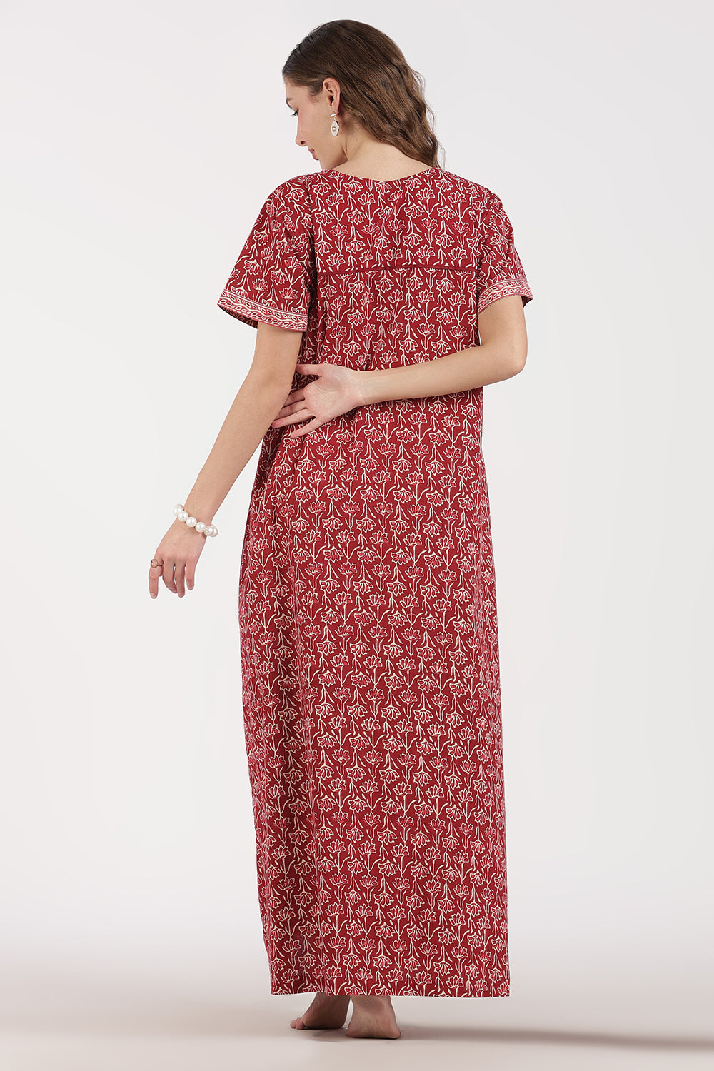 Naidu Hall Women’s Full-Length A-Line Floral Print Cotton Nighty – Round Neck, Keyhole with Button, Contrast Piping & Side Pocket
 - NB07