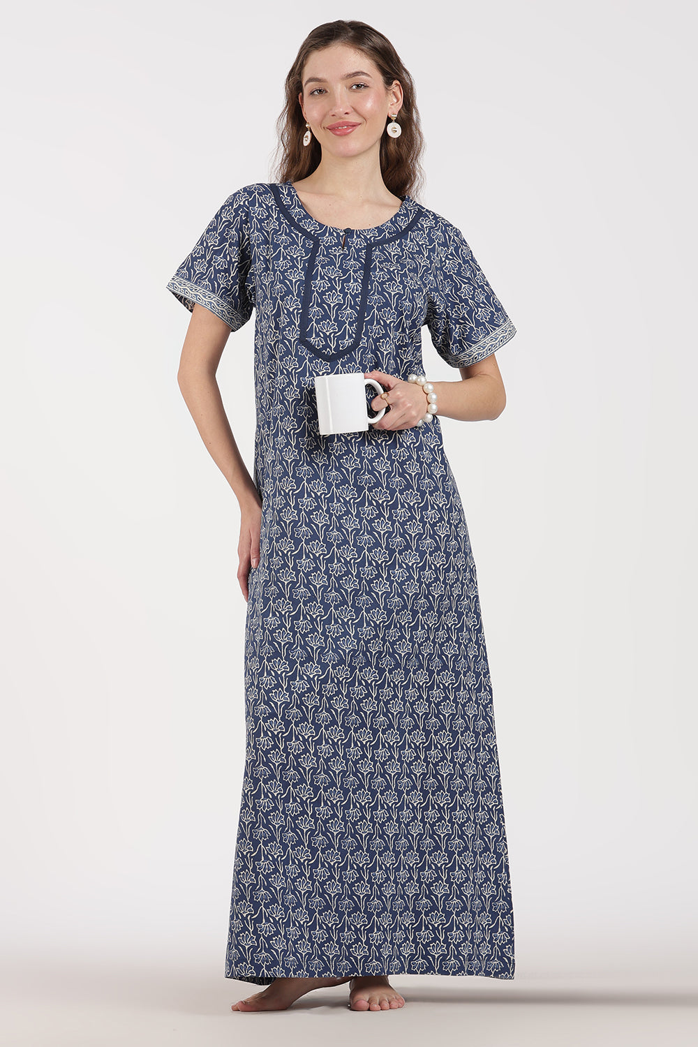 Naidu Hall Women’s Full-Length A-Line Floral Print Cotton Nighty – Round Neck, Keyhole with Button, Contrast Piping & Side Pocket
 - NB07