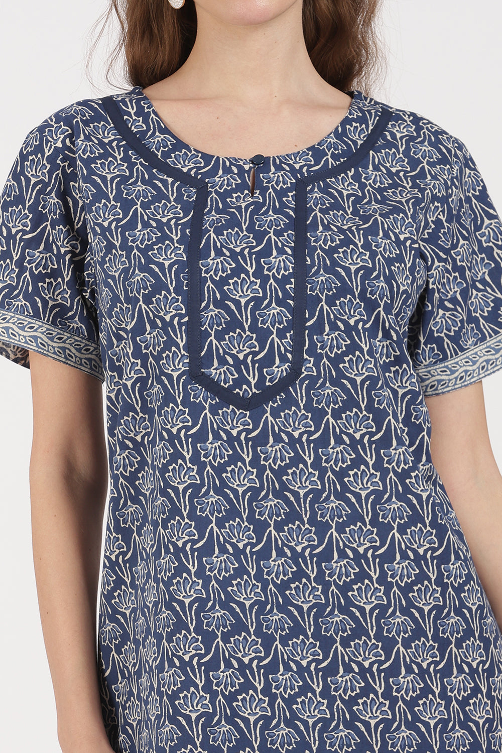 Naidu Hall Women’s Full-Length A-Line Floral Print Cotton Nighty – Round Neck, Keyhole with Button, Contrast Piping & Side Pocket
 - NB07