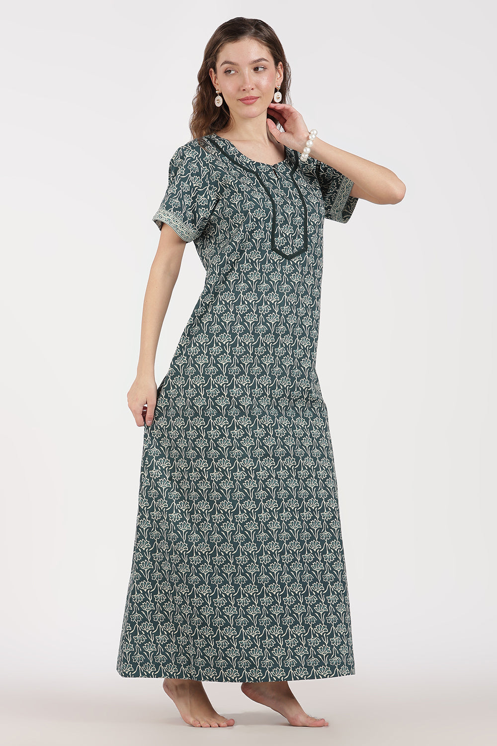 Naidu Hall Women’s Full-Length A-Line Floral Print Cotton Nighty – Round Neck, Keyhole with Button, Contrast Piping & Side Pocket
 - NB07