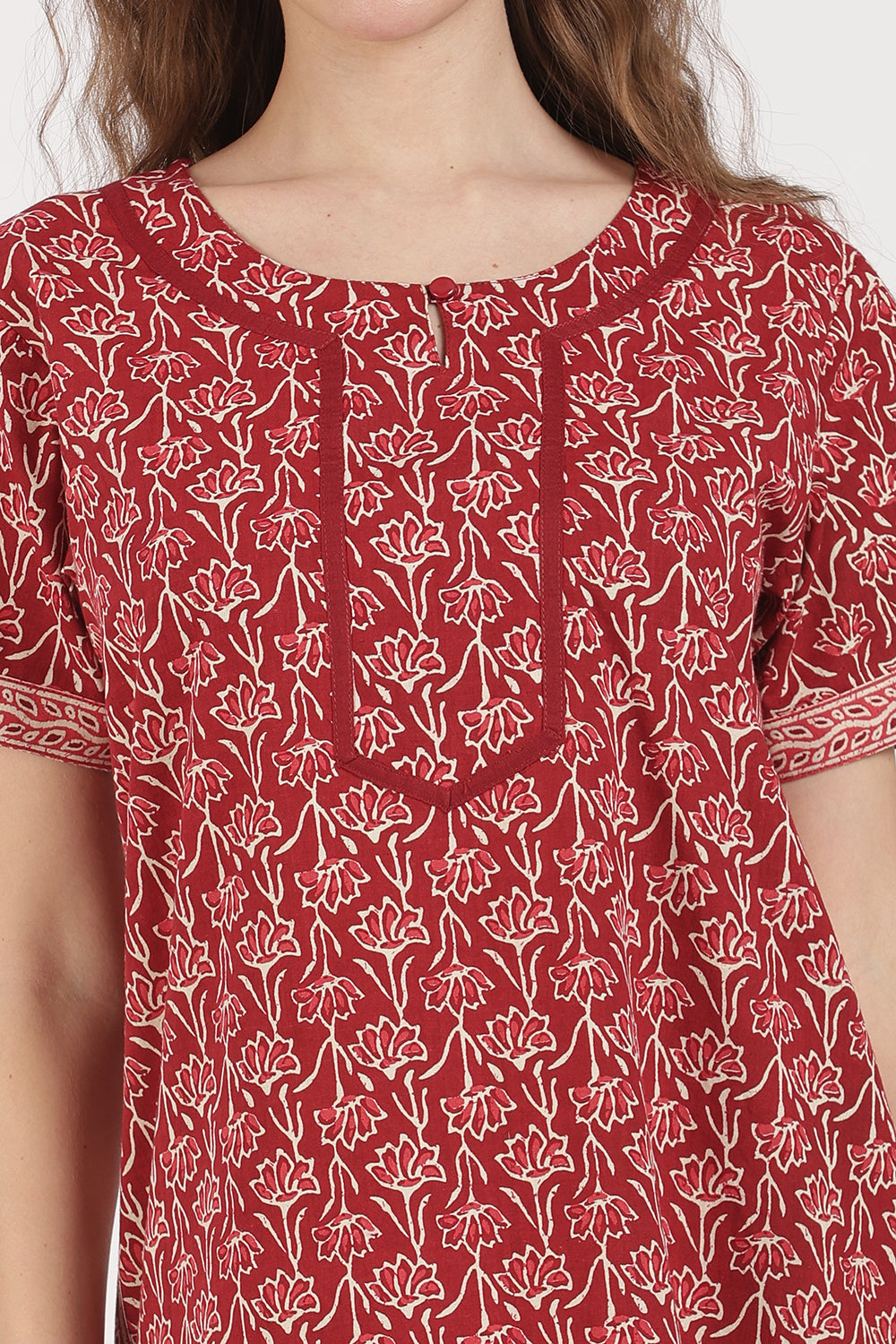 Naidu Hall Women’s Full-Length A-Line Floral Print Cotton Nighty – Round Neck, Keyhole with Button, Contrast Piping & Side Pocket
 - NB07