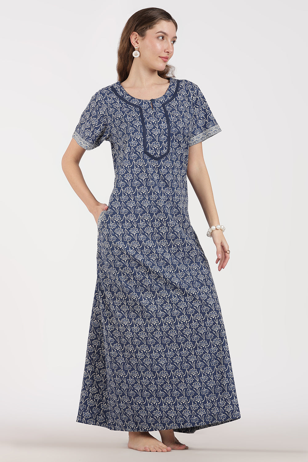 Naidu Hall Women’s Full-Length A-Line Floral Print Cotton Nighty – Round Neck, Keyhole with Button, Contrast Piping & Side Pocket
 - NB07