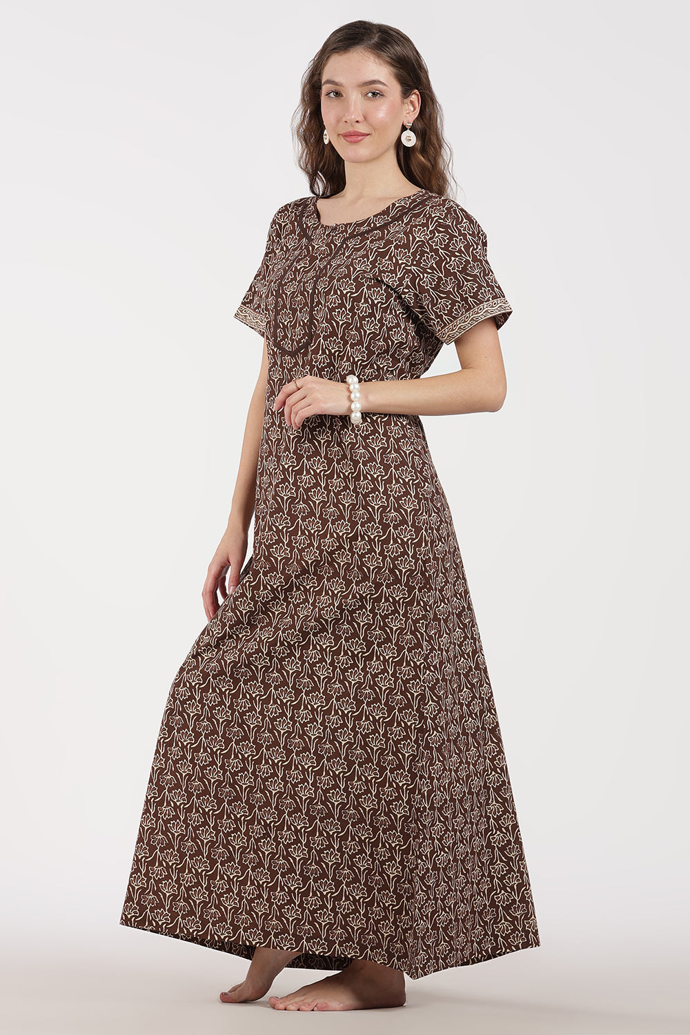 Naidu Hall Women’s Full-Length A-Line Floral Print Cotton Nighty – Round Neck, Keyhole with Button, Contrast Piping & Side Pocket
 - NB07