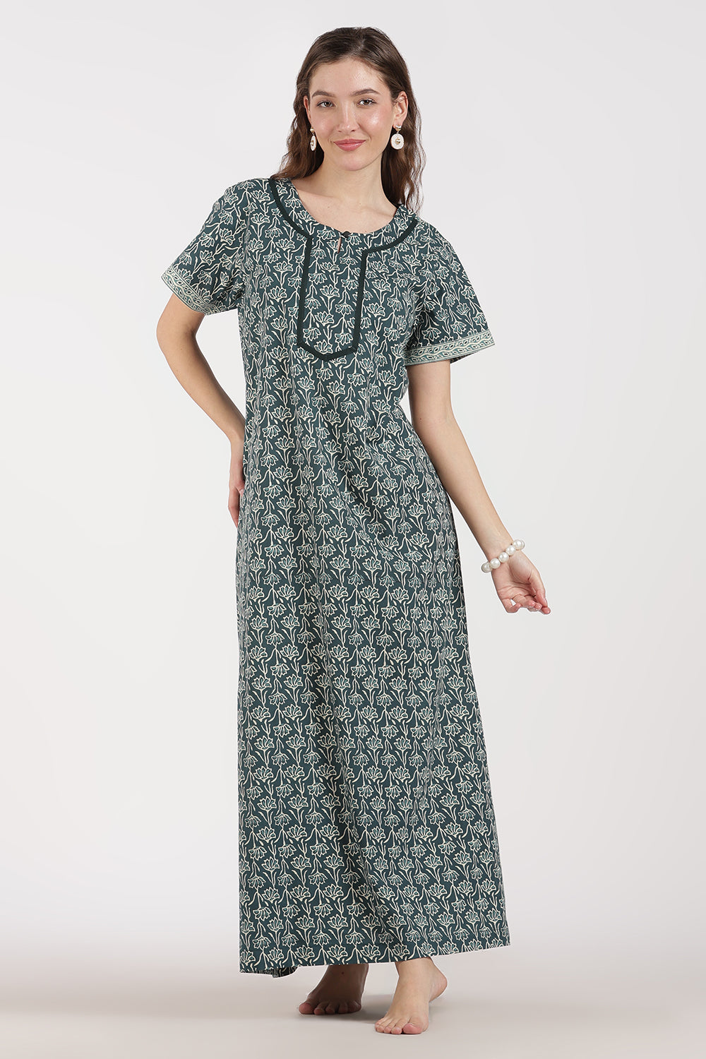 Naidu Hall Women’s Full-Length A-Line Floral Print Cotton Nighty – Round Neck, Keyhole with Button, Contrast Piping & Side Pocket
 - NB07