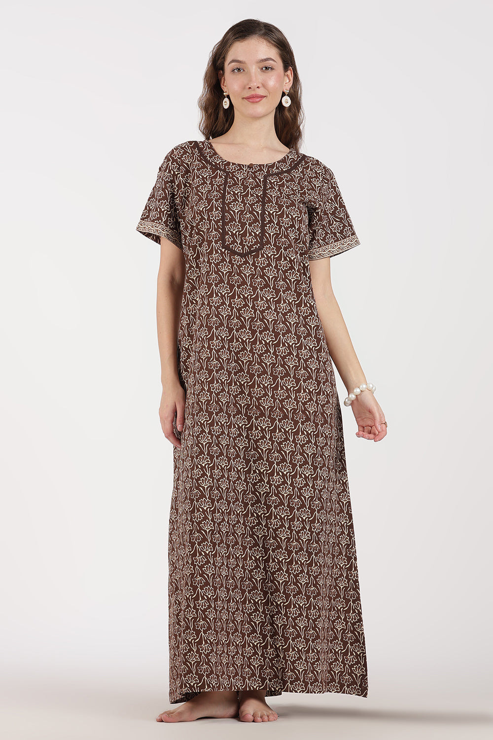 Naidu Hall Women’s Full-Length A-Line Floral Print Cotton Nighty – Round Neck, Keyhole with Button, Contrast Piping & Side Pocket
 - NB07