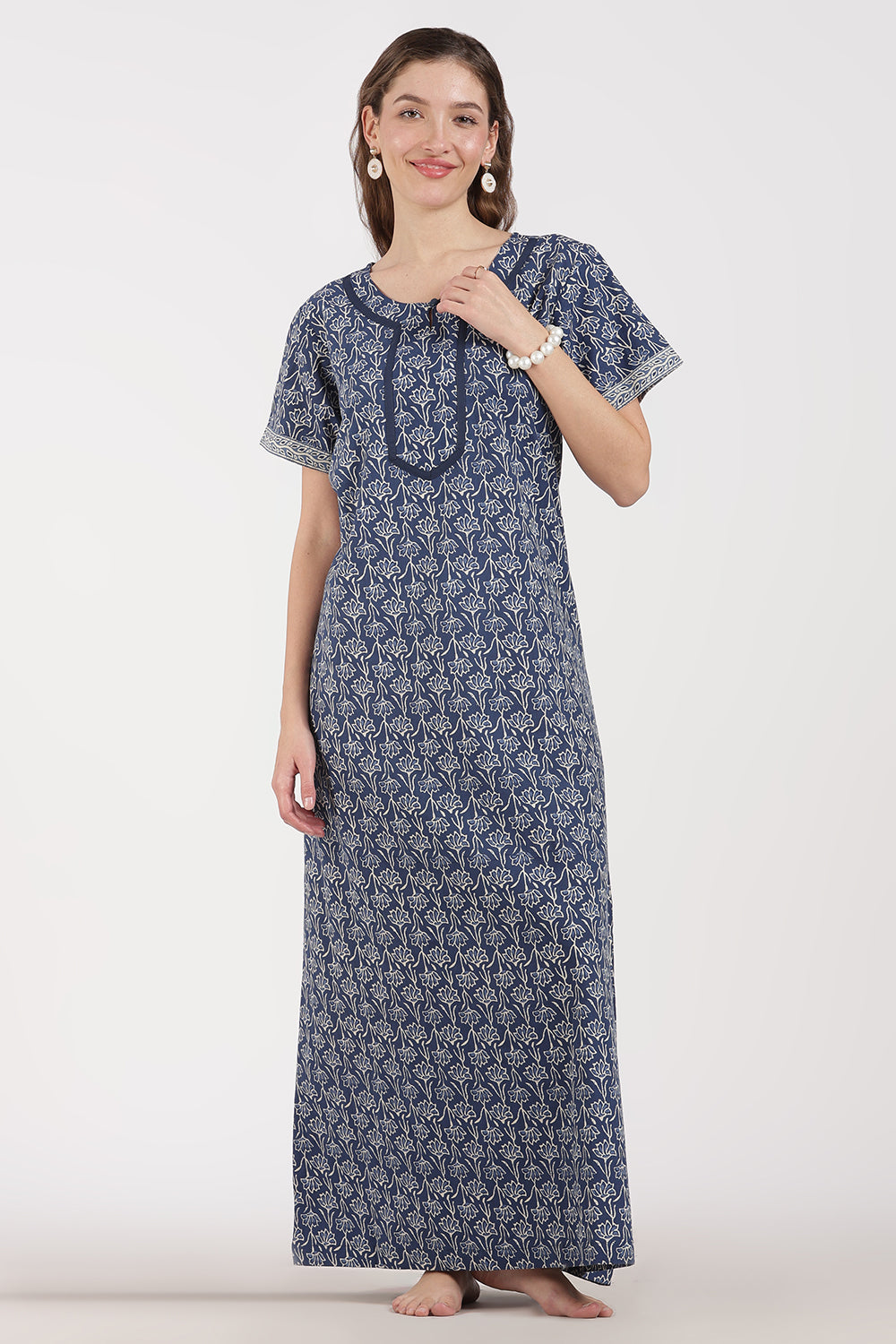 Naidu Hall Women’s Full-Length A-Line Floral Print Cotton Nighty – Round Neck, Keyhole with Button, Contrast Piping & Side Pocket
 - NB07