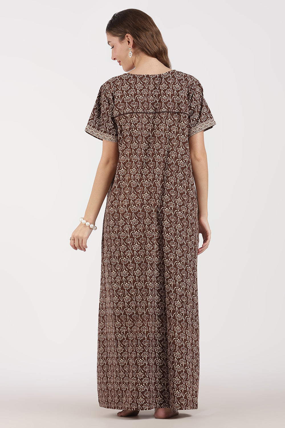 Naidu Hall Women’s Full-Length A-Line Floral Print Cotton Nighty – Round Neck, Keyhole with Button, Contrast Piping & Side Pocket
 - NB07