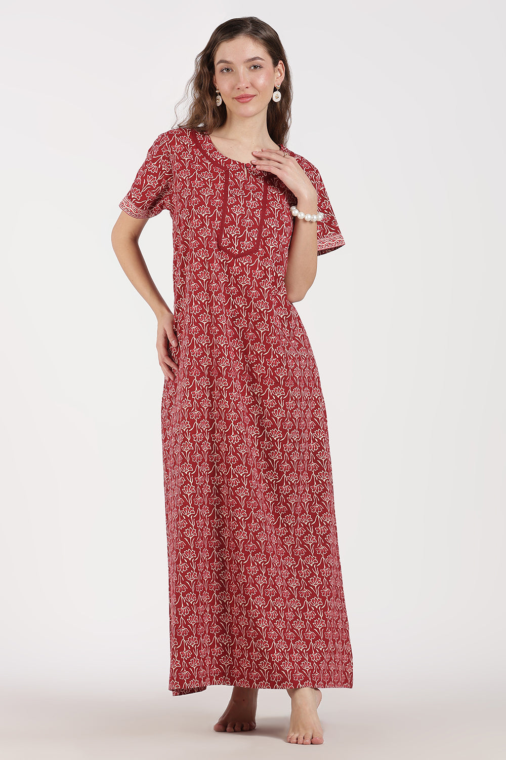 Naidu Hall Women’s Full-Length A-Line Floral Print Cotton Nighty – Round Neck, Keyhole with Button, Contrast Piping & Side Pocket
 - NB07