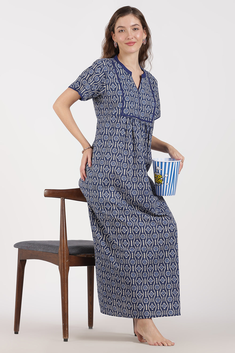 Naidu Hall Women’s Full-Length A-Line Nighty – Cotton, Split Mandarin Collar, Contrast Piping, Short Sleeves & Floral Zig-Zag Print
 - NB08