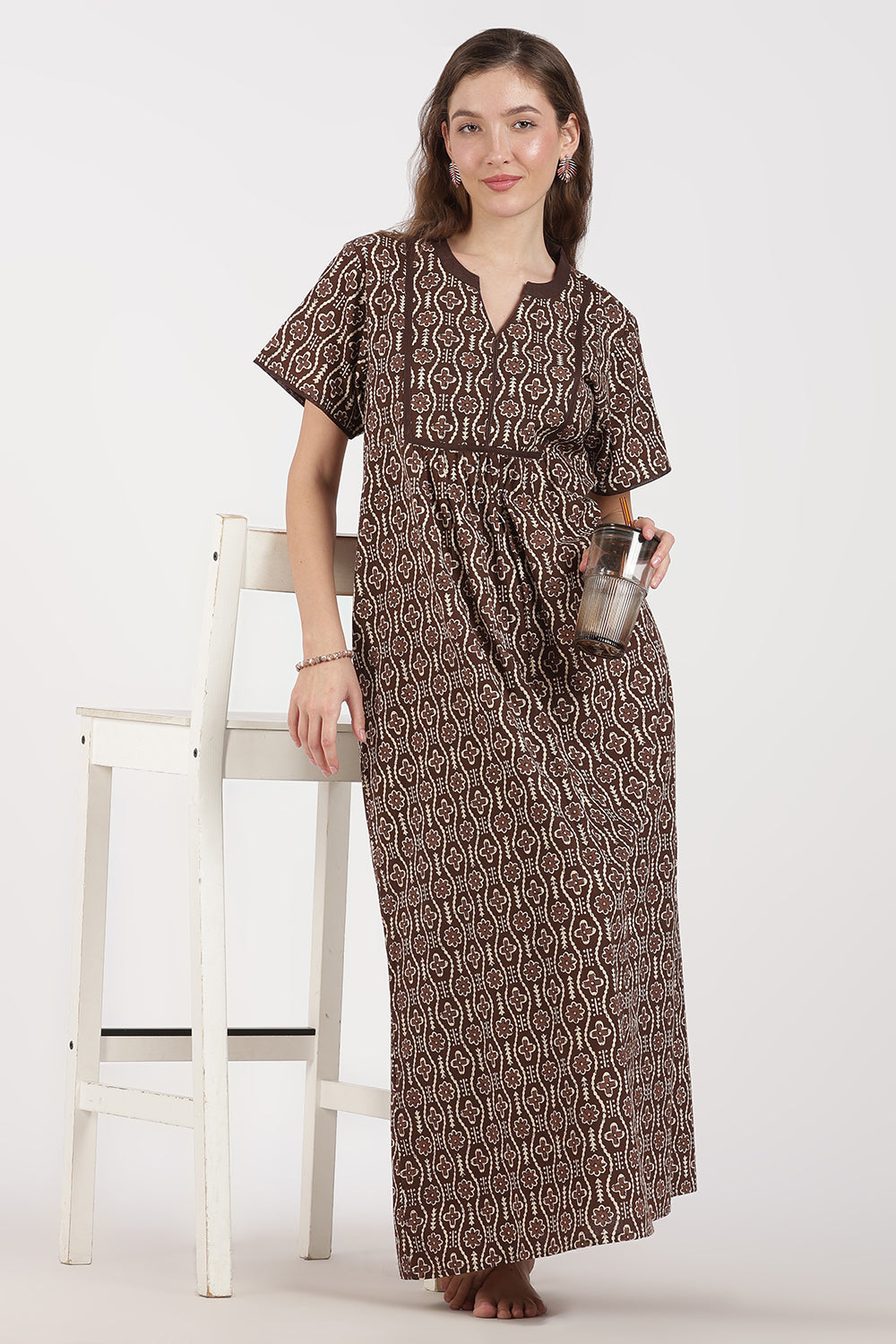 Naidu Hall Women’s Full-Length A-Line Nighty – Cotton, Split Mandarin Collar, Contrast Piping, Short Sleeves & Floral Zig-Zag Print
 - NB08