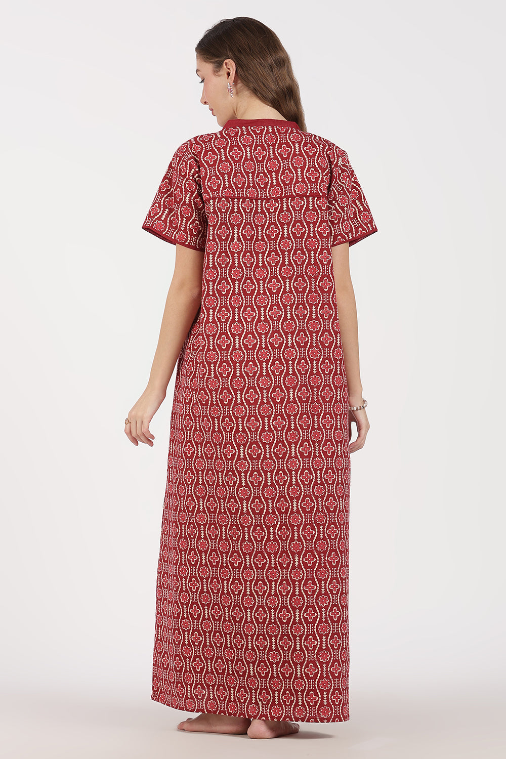 Naidu Hall Women’s Full-Length A-Line Cotton Blend Nighty | Mandarin Collar, Short Sleeves, Printed Nightwear
 - NB08