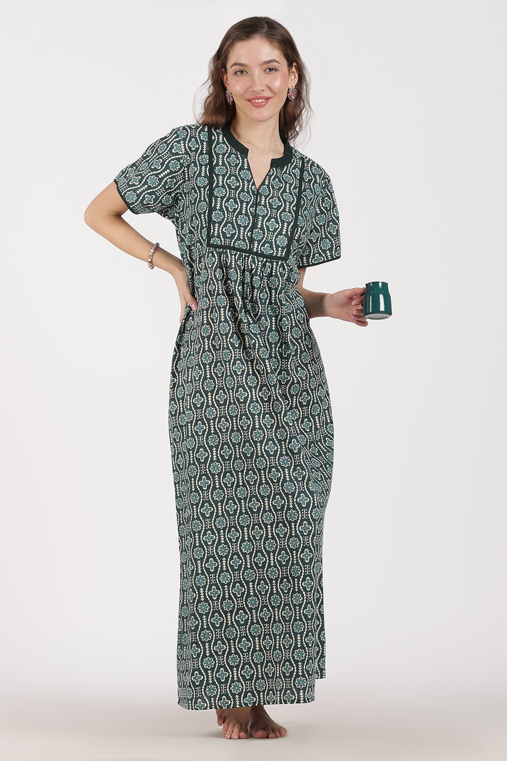 Naidu Hall Women’s Full-Length A-Line Nighty – Cotton, Split Mandarin Collar, Contrast Piping, Short Sleeves & Floral Zig-Zag Print
 - NB08