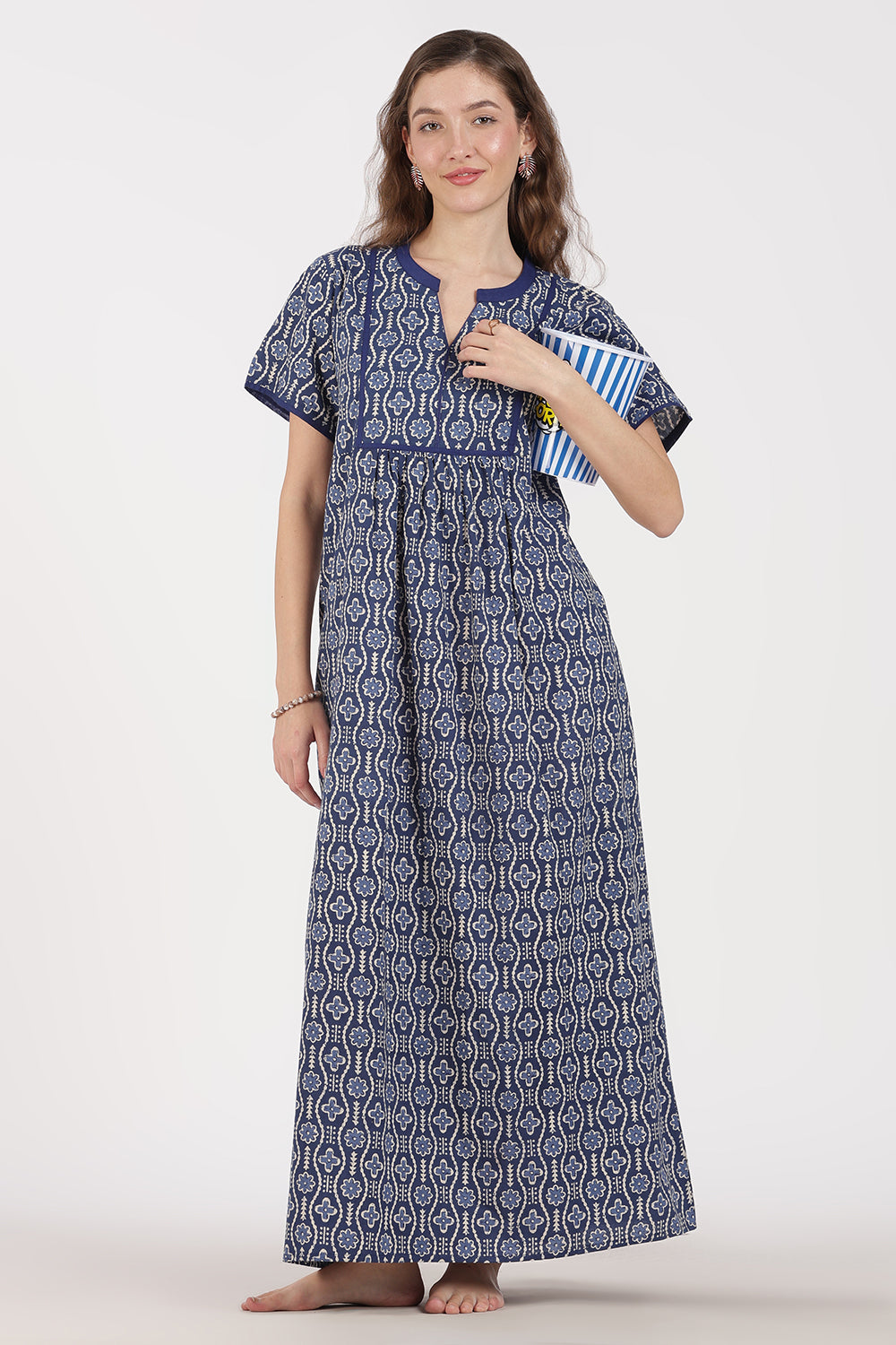 Naidu Hall Women’s Full-Length A-Line Nighty – Cotton, Split Mandarin Collar, Contrast Piping, Short Sleeves & Floral Zig-Zag Print
 - NB08