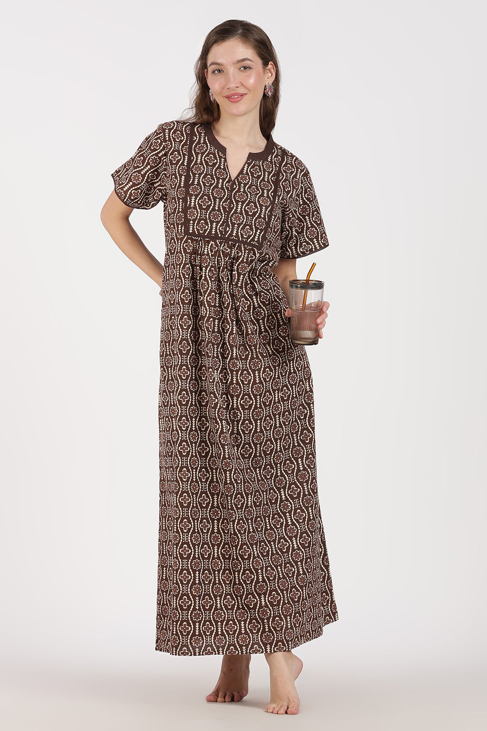 Naidu Hall Women’s Full-Length A-Line Nighty – Cotton, Split Mandarin Collar, Contrast Piping, Short Sleeves & Floral Zig-Zag Print
 - NB08