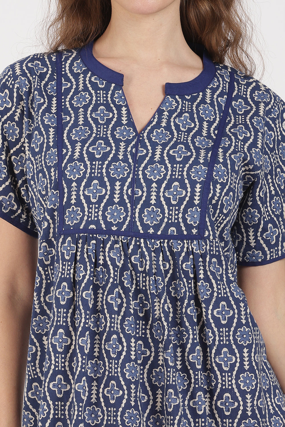 Naidu Hall Women’s Full-Length A-Line Nighty – Cotton, Split Mandarin Collar, Contrast Piping, Short Sleeves & Floral Zig-Zag Print
 - NB08