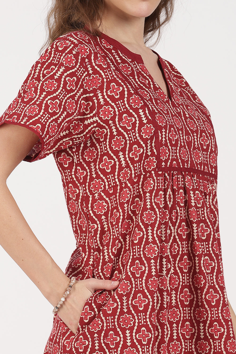 Naidu Hall Women’s Full-Length A-Line Cotton Blend Nighty | Mandarin Collar, Short Sleeves, Printed Nightwear
 - NB08