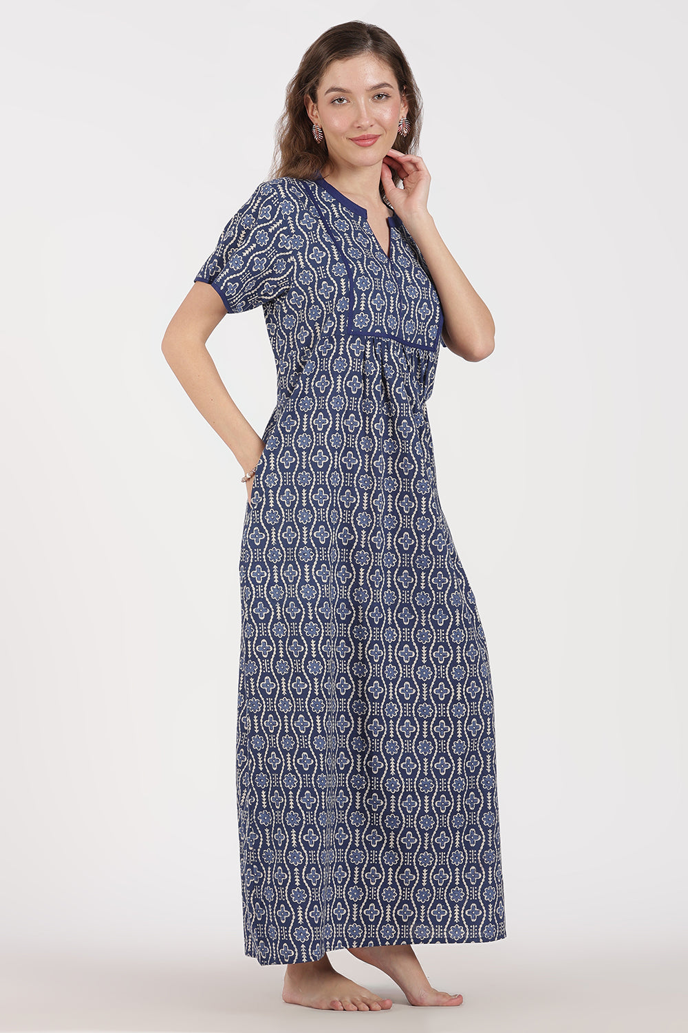 Naidu Hall Women’s Full-Length A-Line Nighty – Cotton, Split Mandarin Collar, Contrast Piping, Short Sleeves & Floral Zig-Zag Print
 - NB08