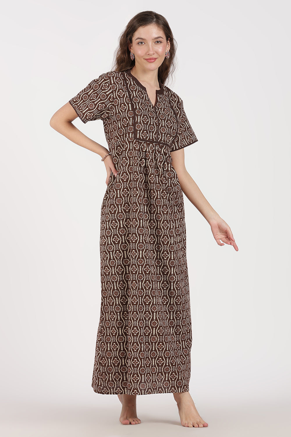 Naidu Hall Women’s Full-Length A-Line Nighty – Cotton, Split Mandarin Collar, Contrast Piping, Short Sleeves & Floral Zig-Zag Print
 - NB08