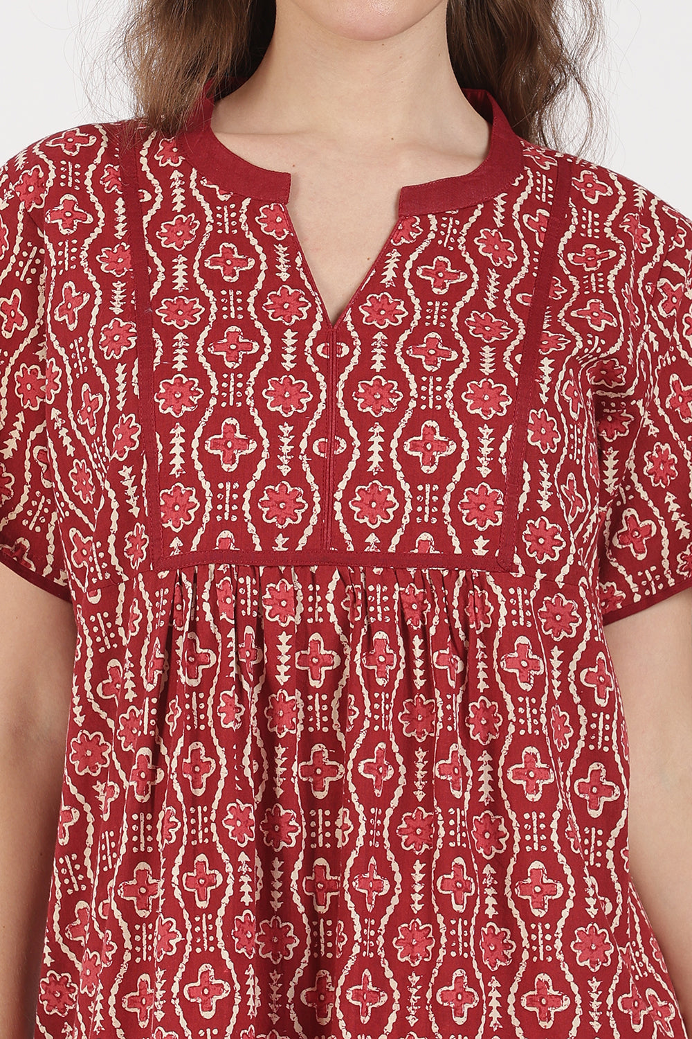 Naidu Hall Women’s Full-Length A-Line Cotton Blend Nighty | Mandarin Collar, Short Sleeves, Printed Nightwear
 - NB08