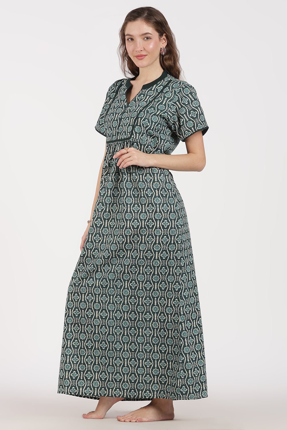 Naidu Hall Women’s Full-Length A-Line Nighty – Cotton, Split Mandarin Collar, Contrast Piping, Short Sleeves & Floral Zig-Zag Print
 - NB08