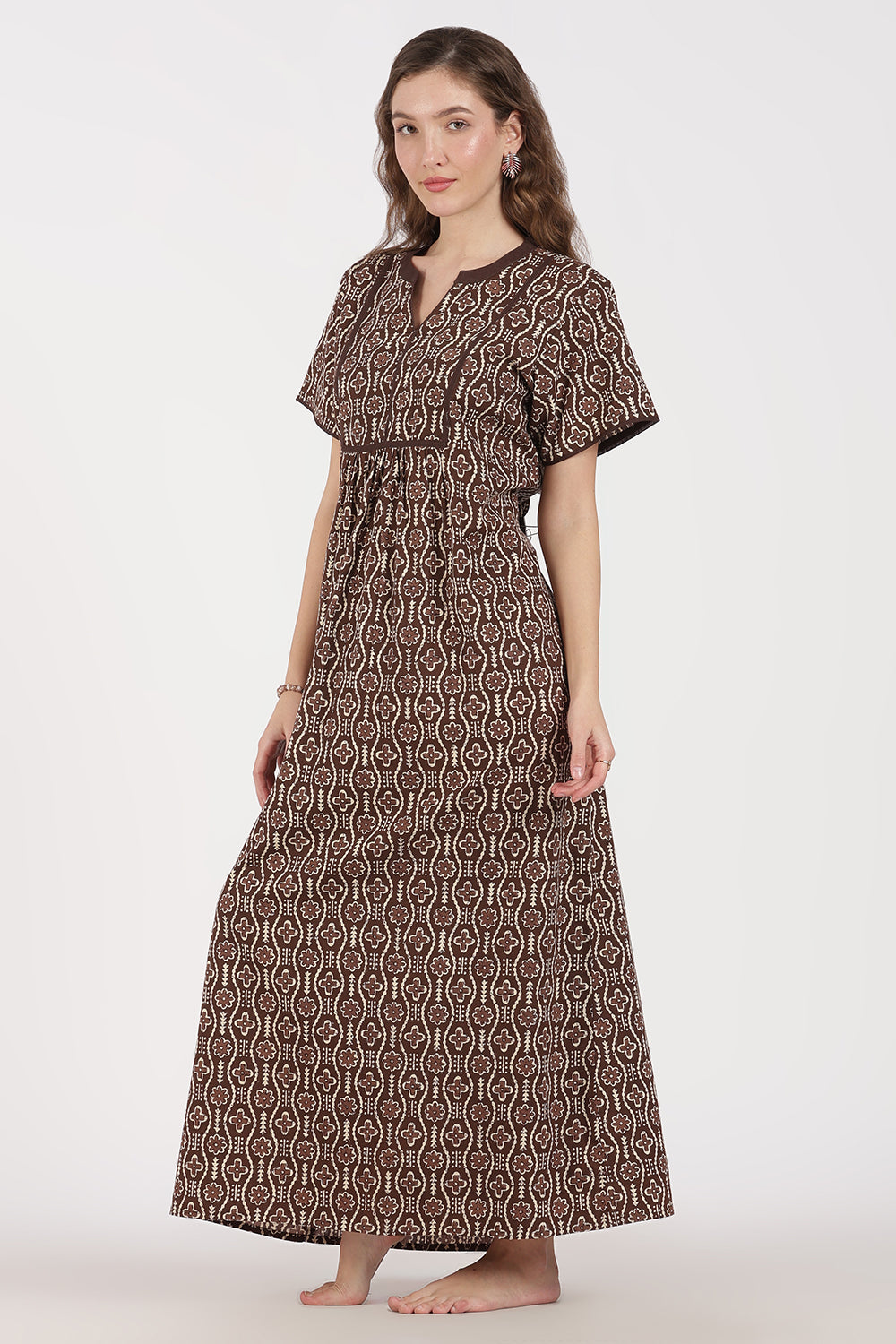 Naidu Hall Women’s Full-Length A-Line Nighty – Cotton, Split Mandarin Collar, Contrast Piping, Short Sleeves & Floral Zig-Zag Print
 - NB08