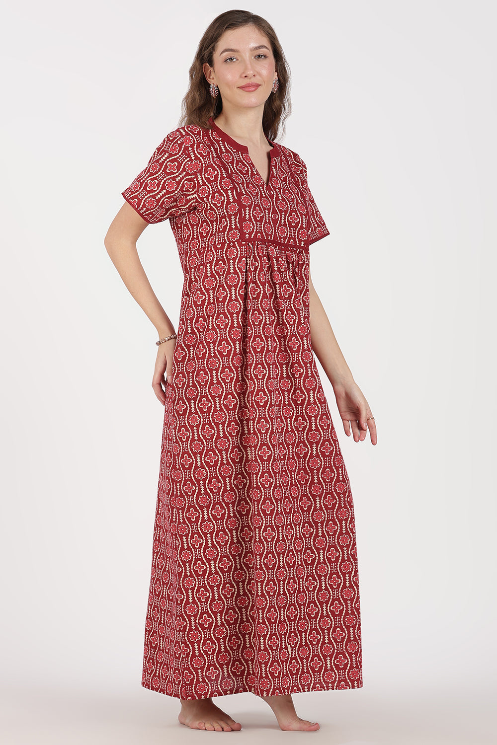 Naidu Hall Women’s Full-Length A-Line Cotton Blend Nighty | Mandarin Collar, Short Sleeves, Printed Nightwear
 - NB08