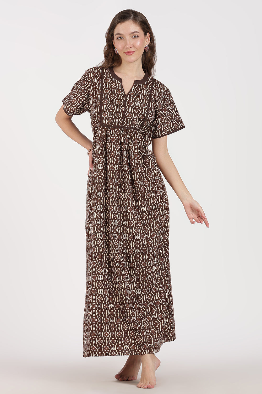 Naidu Hall Women’s Full-Length A-Line Nighty – Cotton, Split Mandarin Collar, Contrast Piping, Short Sleeves & Floral Zig-Zag Print
 - NB08