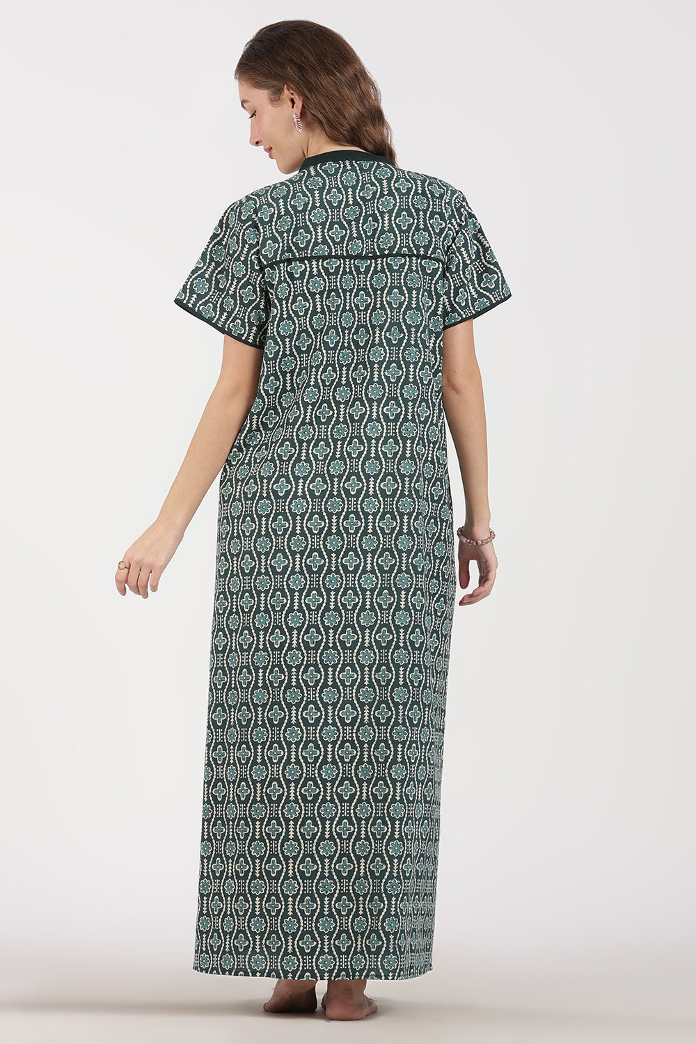 Naidu Hall Women’s Full-Length A-Line Nighty – Cotton, Split Mandarin Collar, Contrast Piping, Short Sleeves & Floral Zig-Zag Print
 - NB08