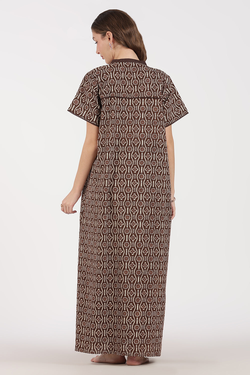 Naidu Hall Women’s Full-Length A-Line Nighty – Cotton, Split Mandarin Collar, Contrast Piping, Short Sleeves & Floral Zig-Zag Print
 - NB08