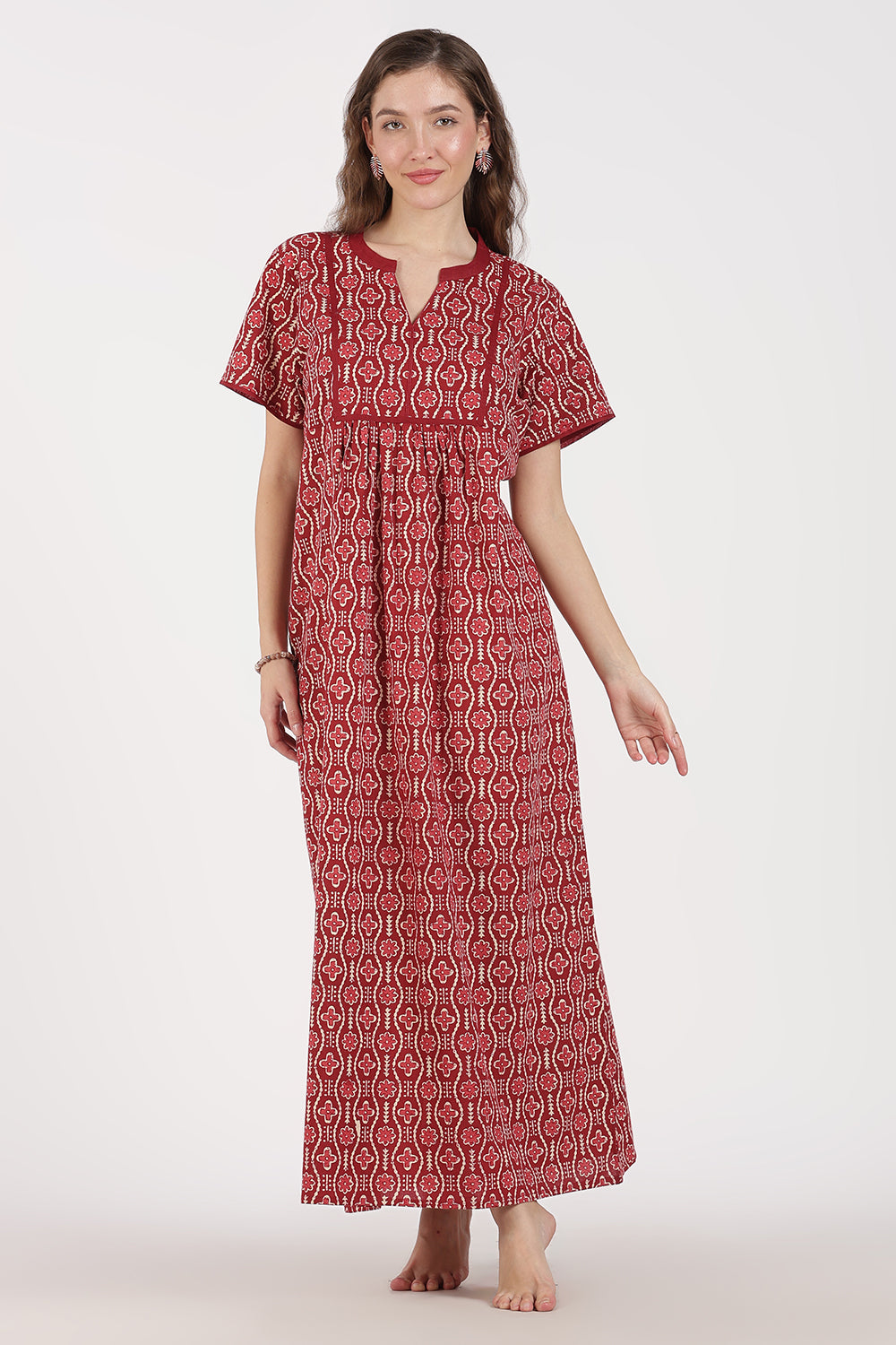 Naidu Hall Women’s Full-Length A-Line Cotton Blend Nighty | Mandarin Collar, Short Sleeves, Printed Nightwear
 - NB08