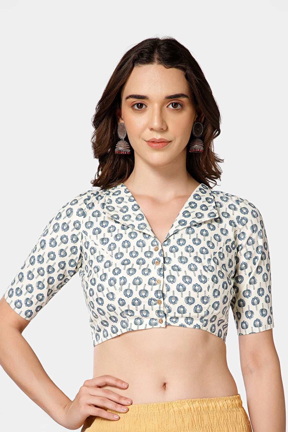 Naidu Hall Women’s Jaipur Printed Cotton Blouse | Lapel Collar, Front Button Closure, Elbow Sleeves - BU21