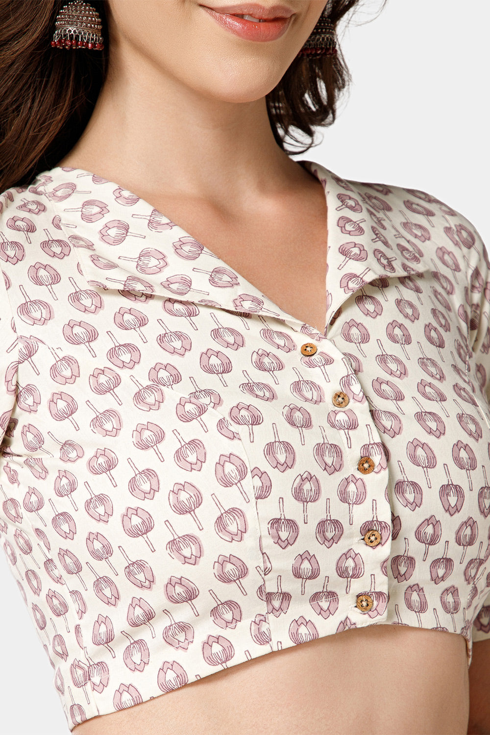 Naidu Hall Women’s Jaipur Printed Cotton Blouse | Lapel Collar, Front Button Closure, Elbow Sleeves - BU21