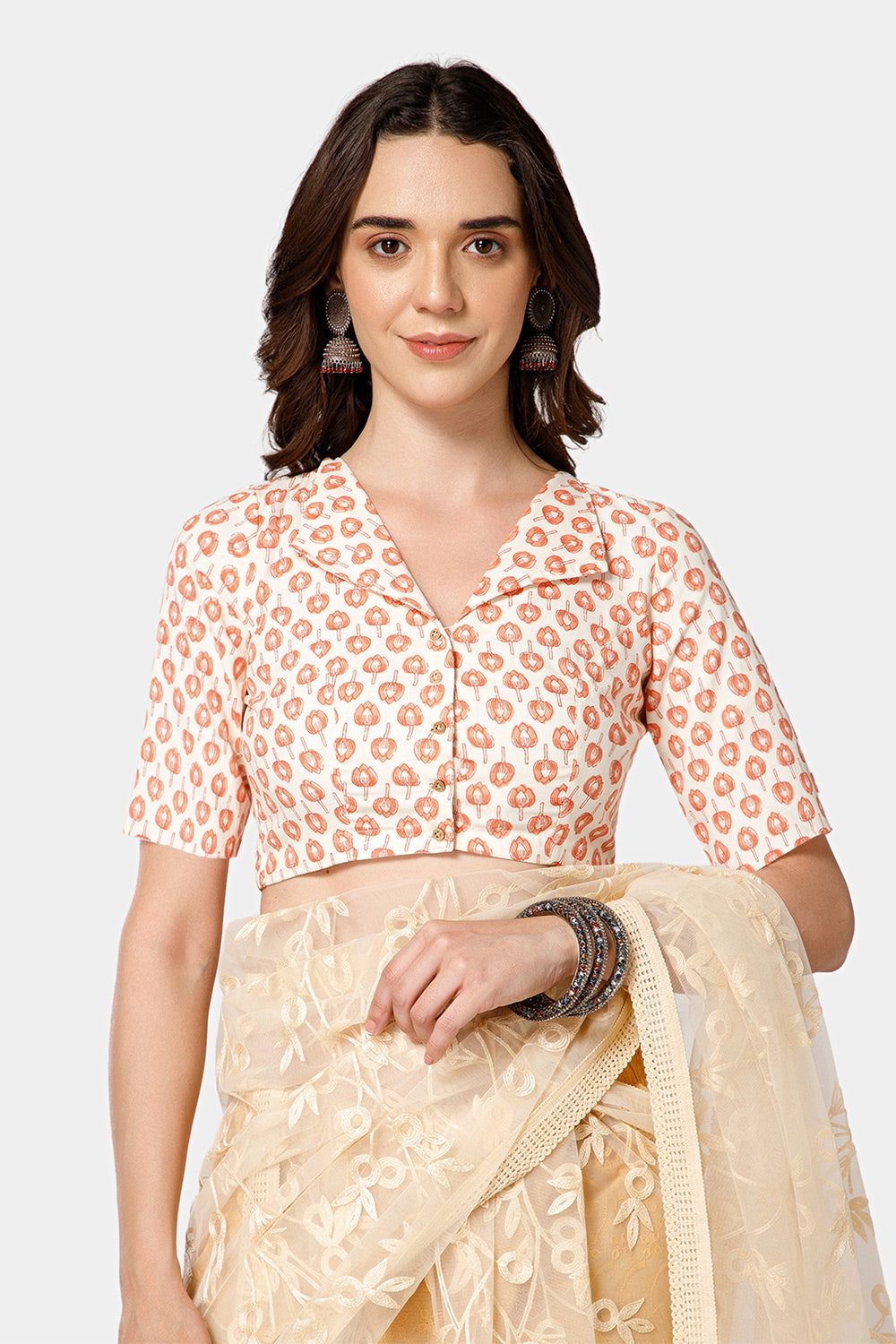 Naidu Hall Women’s Jaipur Printed Cotton Blouse | Lapel Collar, Front Button Closure, Elbow Sleeves - BU21