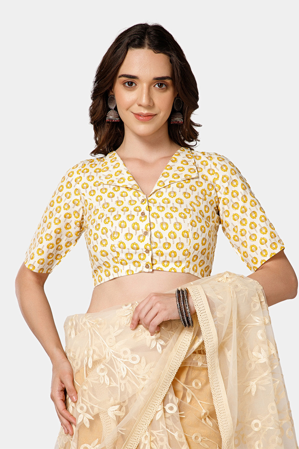 Naidu Hall Women’s Jaipur Printed Cotton Blouse | Lapel Collar, Front Button Closure, Elbow Sleeves - BU21