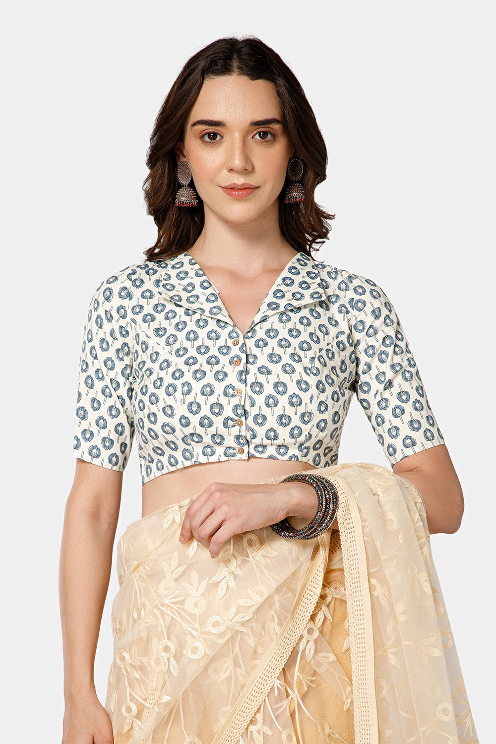 Naidu Hall Women’s Jaipur Printed Cotton Blouse | Lapel Collar, Front Button Closure, Elbow Sleeves - BU21