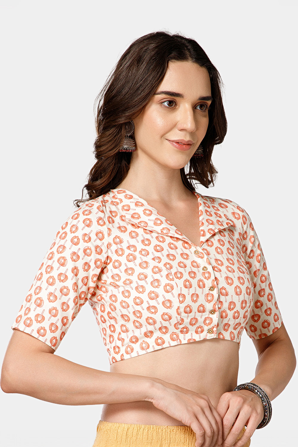 Naidu Hall Women’s Jaipur Printed Cotton Blouse | Lapel Collar, Front Button Closure, Elbow Sleeves - BU21