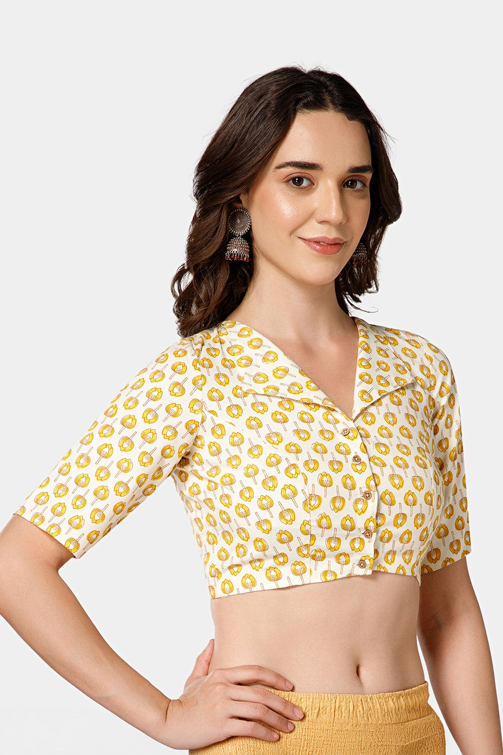 Naidu Hall Women’s Jaipur Printed Cotton Blouse | Lapel Collar, Front Button Closure, Elbow Sleeves - BU21