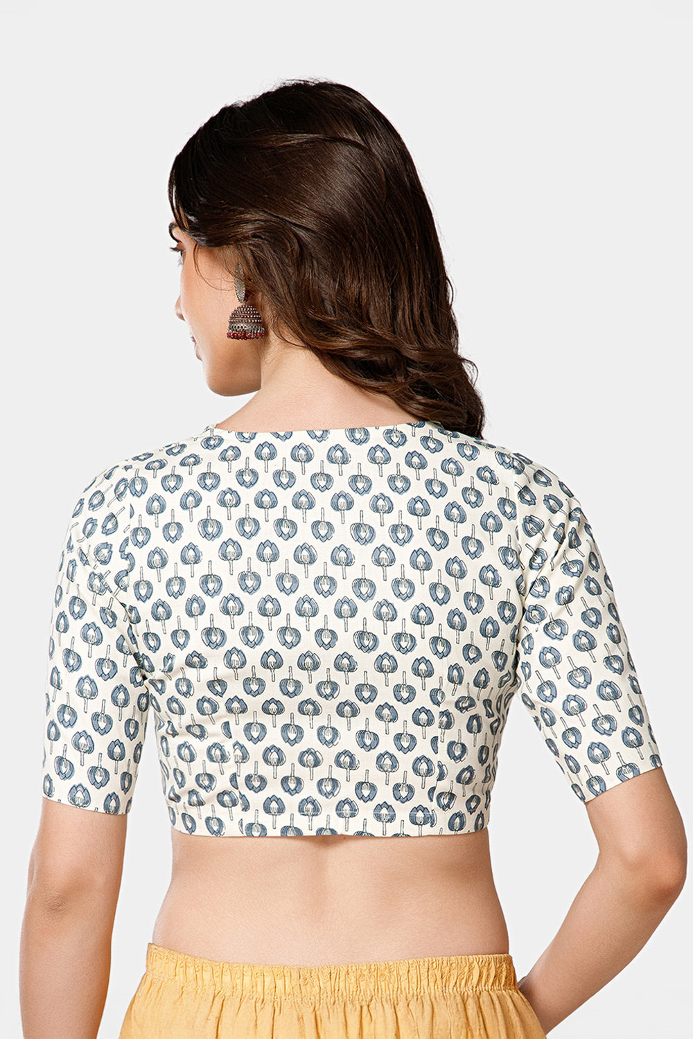 Naidu Hall Women’s Jaipur Printed Cotton Blouse | Lapel Collar, Front Button Closure, Elbow Sleeves - BU21