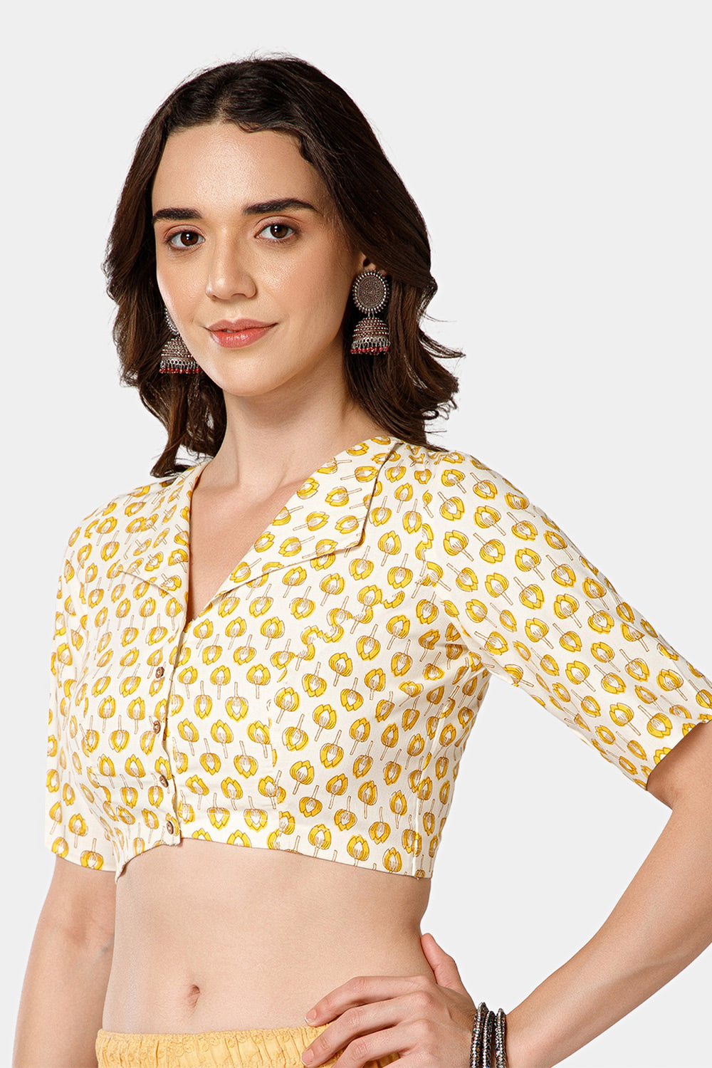 Naidu Hall Women’s Jaipur Printed Cotton Blouse | Lapel Collar, Front Button Closure, Elbow Sleeves - BU21