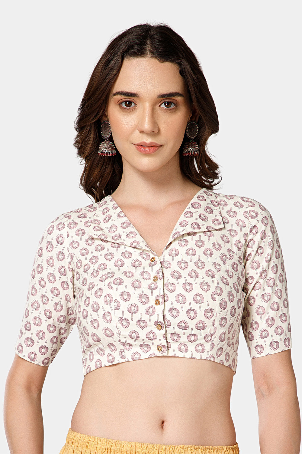 Naidu Hall Women’s Jaipur Printed Cotton Blouse | Lapel Collar, Front Button Closure, Elbow Sleeves - BU21