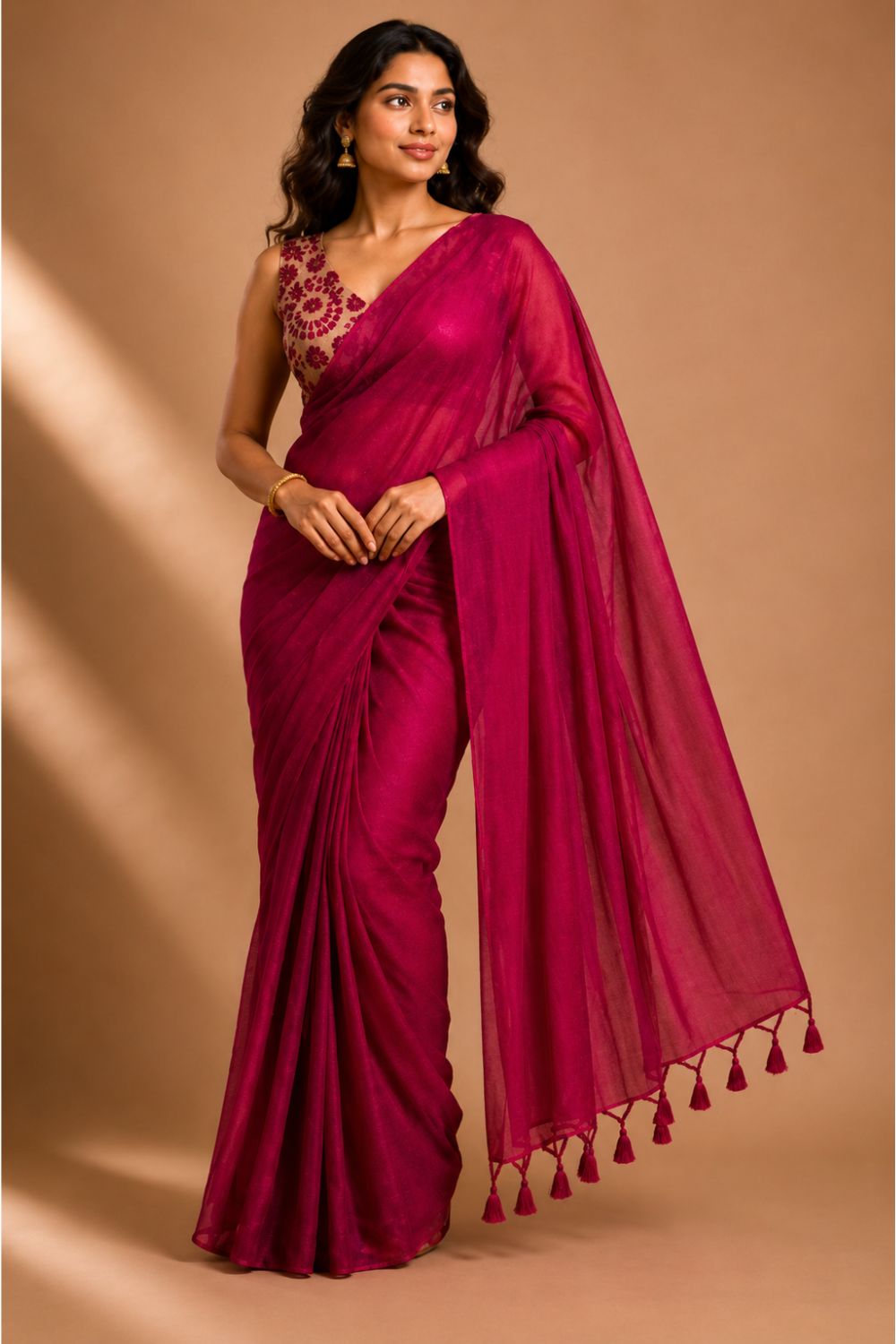 Naidu Hall Women's Magenta Khadi Cotton Blend Solid Saree with Blouse | Lightweight Ethnic Wear Saree - G359