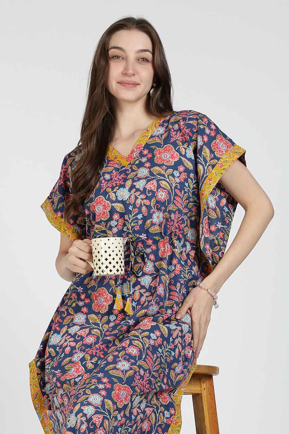 Naidu Hall Women’s Printed Cotton Kaftan Nighty | Full Length V-Neck Half Sleeve Floral Buti Print Kaftan for Daily Wear & Sleepwear
 - NB34