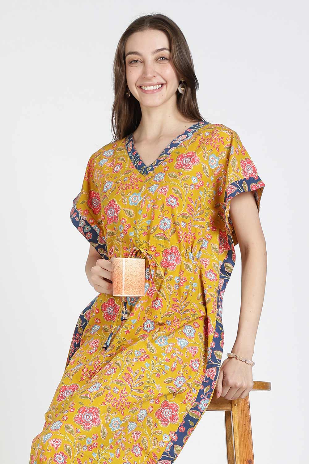 Naidu Hall Women’s Printed Cotton Kaftan Nighty | Full Length V-Neck Half Sleeve Floral Buti Print Kaftan for Daily Wear & Sleepwear
 - NB34