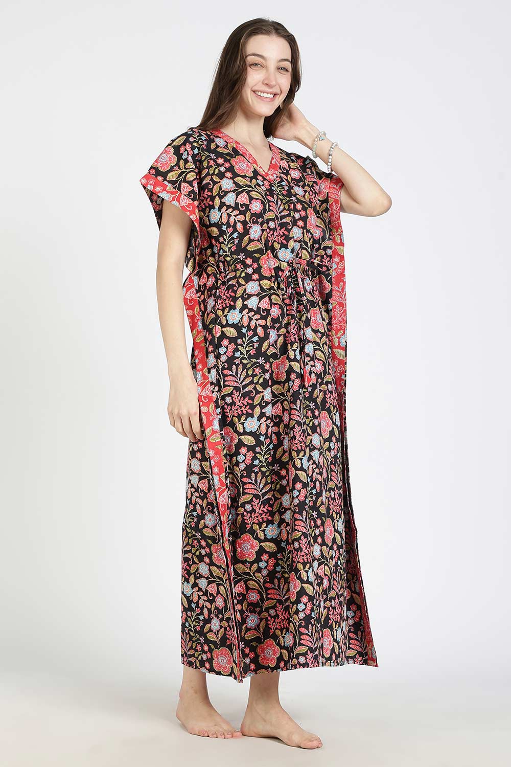 Naidu Hall Women’s Printed Cotton Kaftan Nighty | Full Length V-Neck Half Sleeve Floral Buti Print Kaftan for Daily Wear & Sleepwear
 - NB34