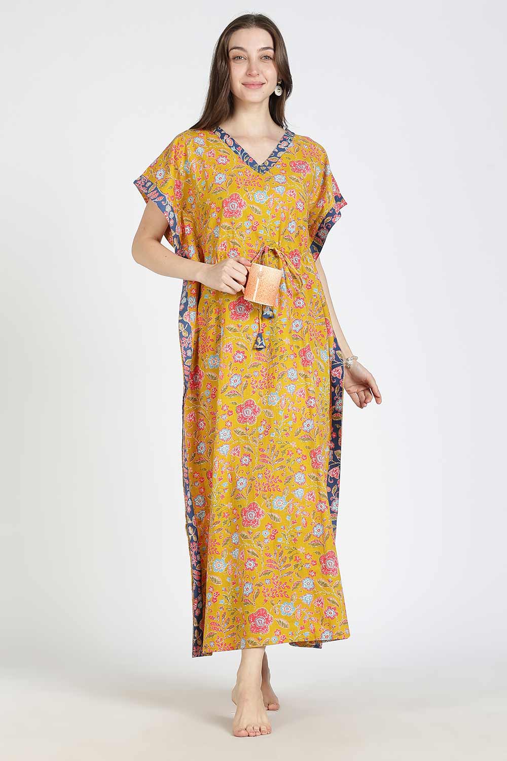 Naidu Hall Women’s Printed Cotton Kaftan Nighty | Full Length V-Neck Half Sleeve Floral Buti Print Kaftan for Daily Wear & Sleepwear
 - NB34