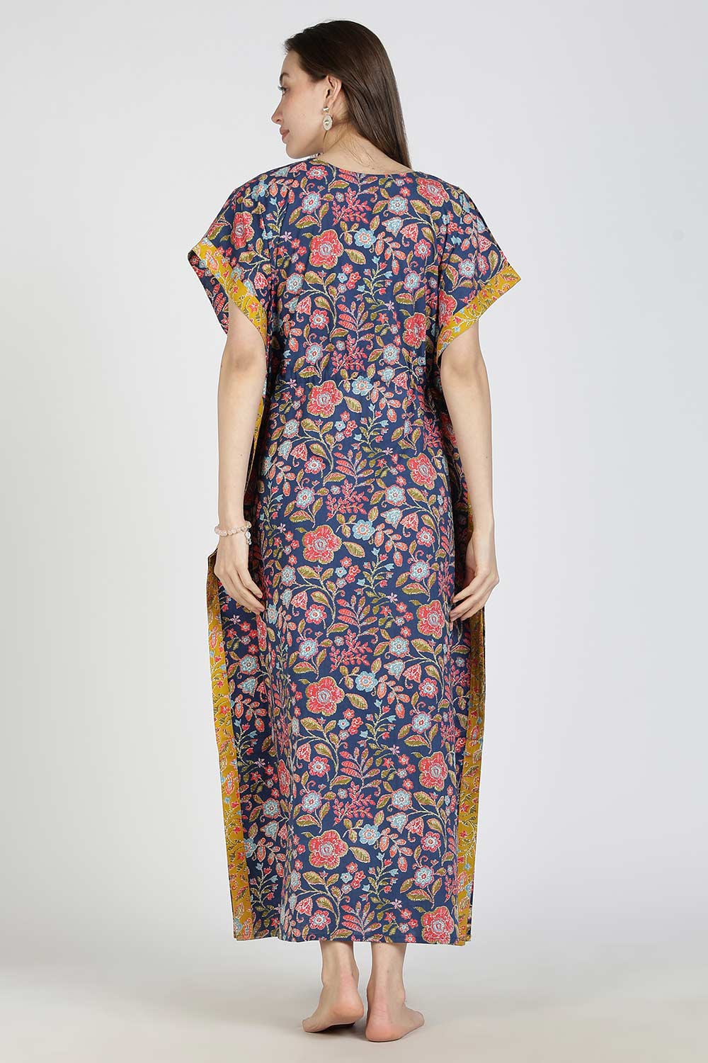 Naidu Hall Women’s Printed Cotton Kaftan Nighty | Full Length V-Neck Half Sleeve Floral Buti Print Kaftan for Daily Wear & Sleepwear
 - NB34