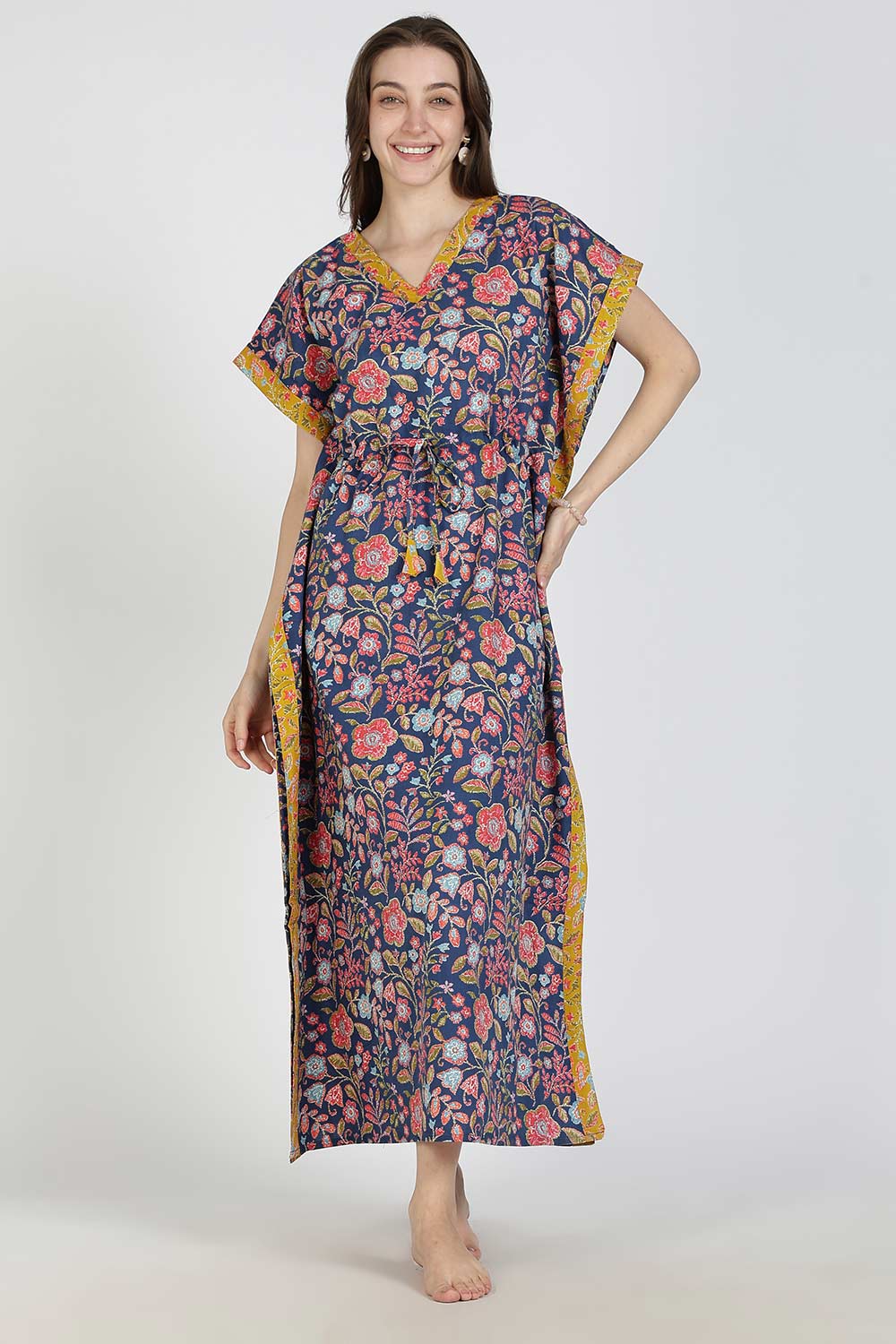 Naidu Hall Women’s Printed Cotton Kaftan Nighty | Full Length V-Neck Half Sleeve Floral Buti Print Kaftan for Daily Wear & Sleepwear
 - NB34