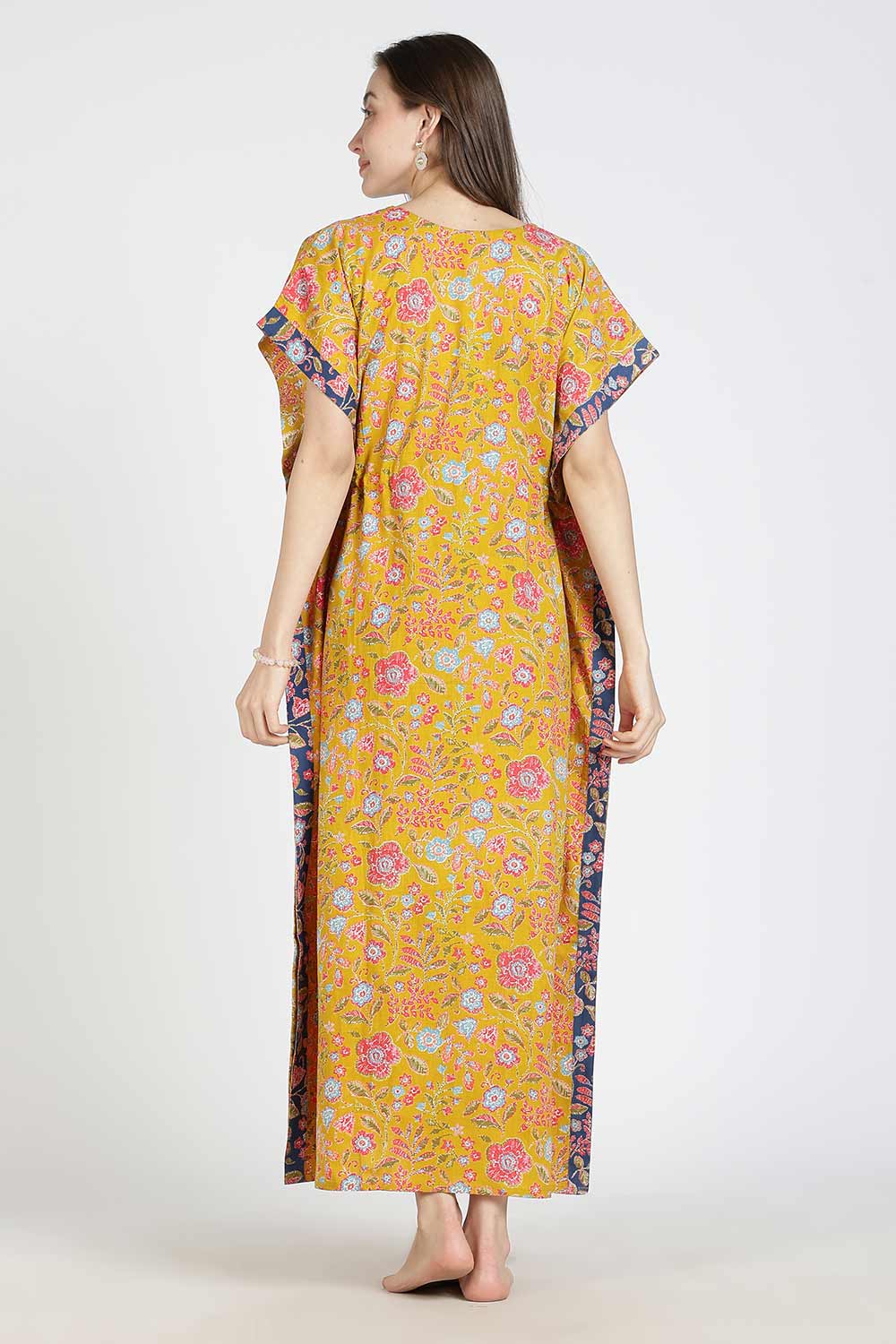 Naidu Hall Women’s Printed Cotton Kaftan Nighty | Full Length V-Neck Half Sleeve Floral Buti Print Kaftan for Daily Wear & Sleepwear
 - NB34