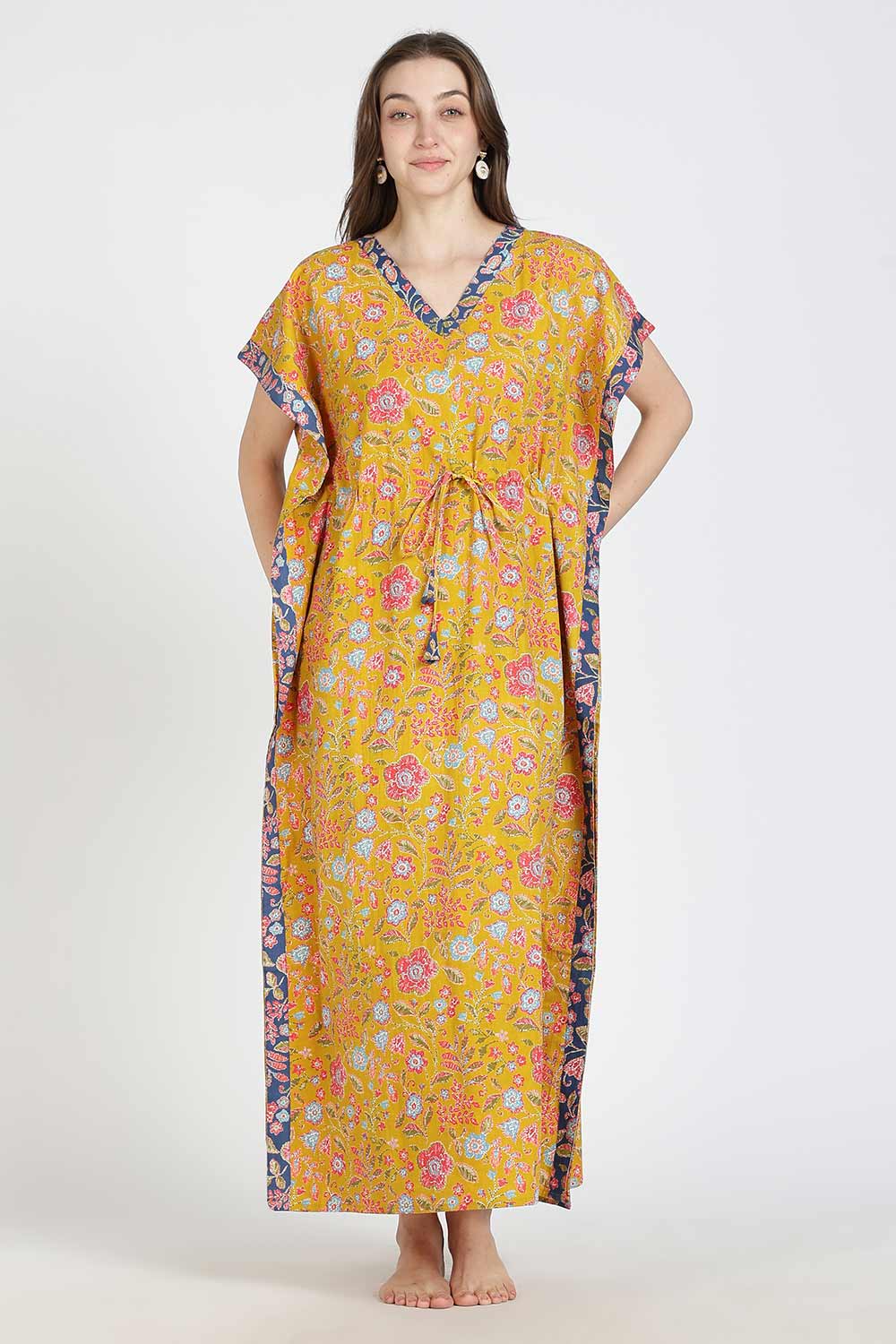 Naidu Hall Women’s Printed Cotton Kaftan Nighty | Full Length V-Neck Half Sleeve Floral Buti Print Kaftan for Daily Wear & Sleepwear
 - NB34